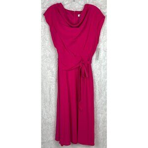 NWT DKNY Size 6 Hot Pink Sleeveless Dress Waist Tie Zipper Back Mid Calf